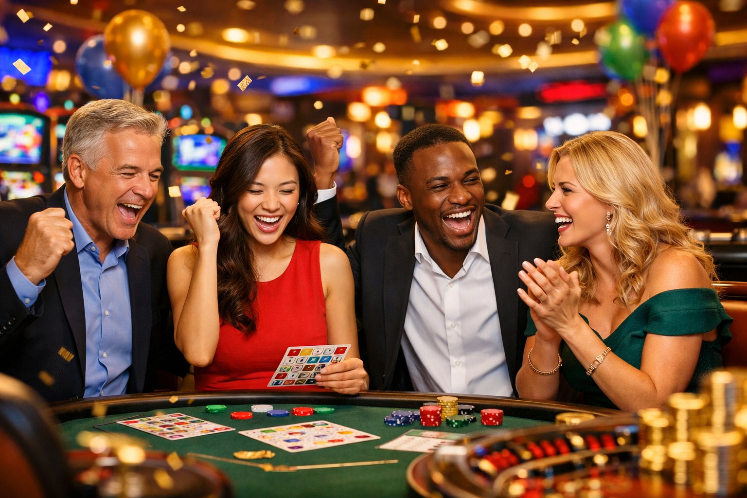 A Group Of People Enjoying Games And Celebrating Inside A Brightly Lit Casino.