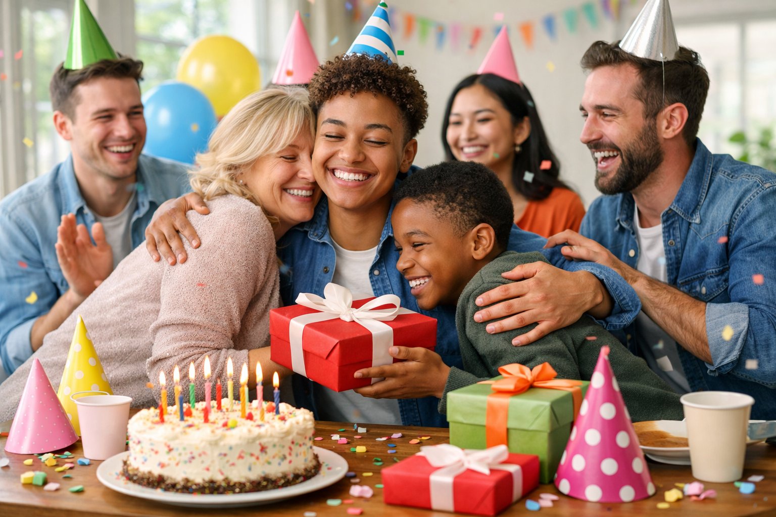 A group of people celebrating a birthday with a decorated cake and balloons in a bright living room.