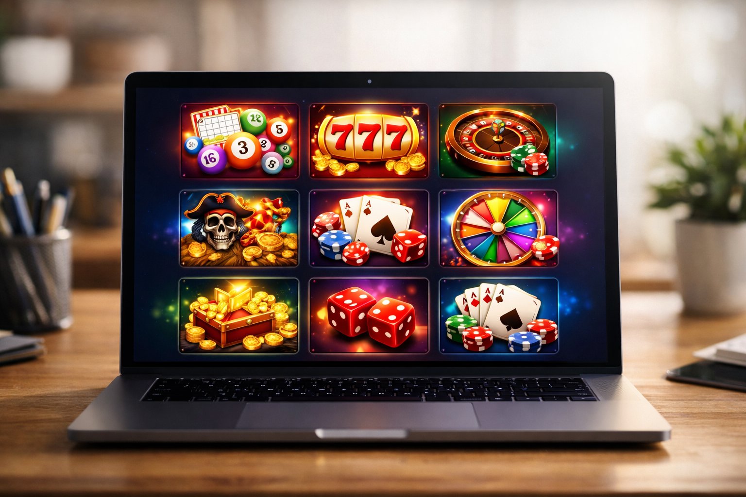 A Laptop On A Desk Displaying A Colorful Casino Game Selection Screen With Various Game Icons.