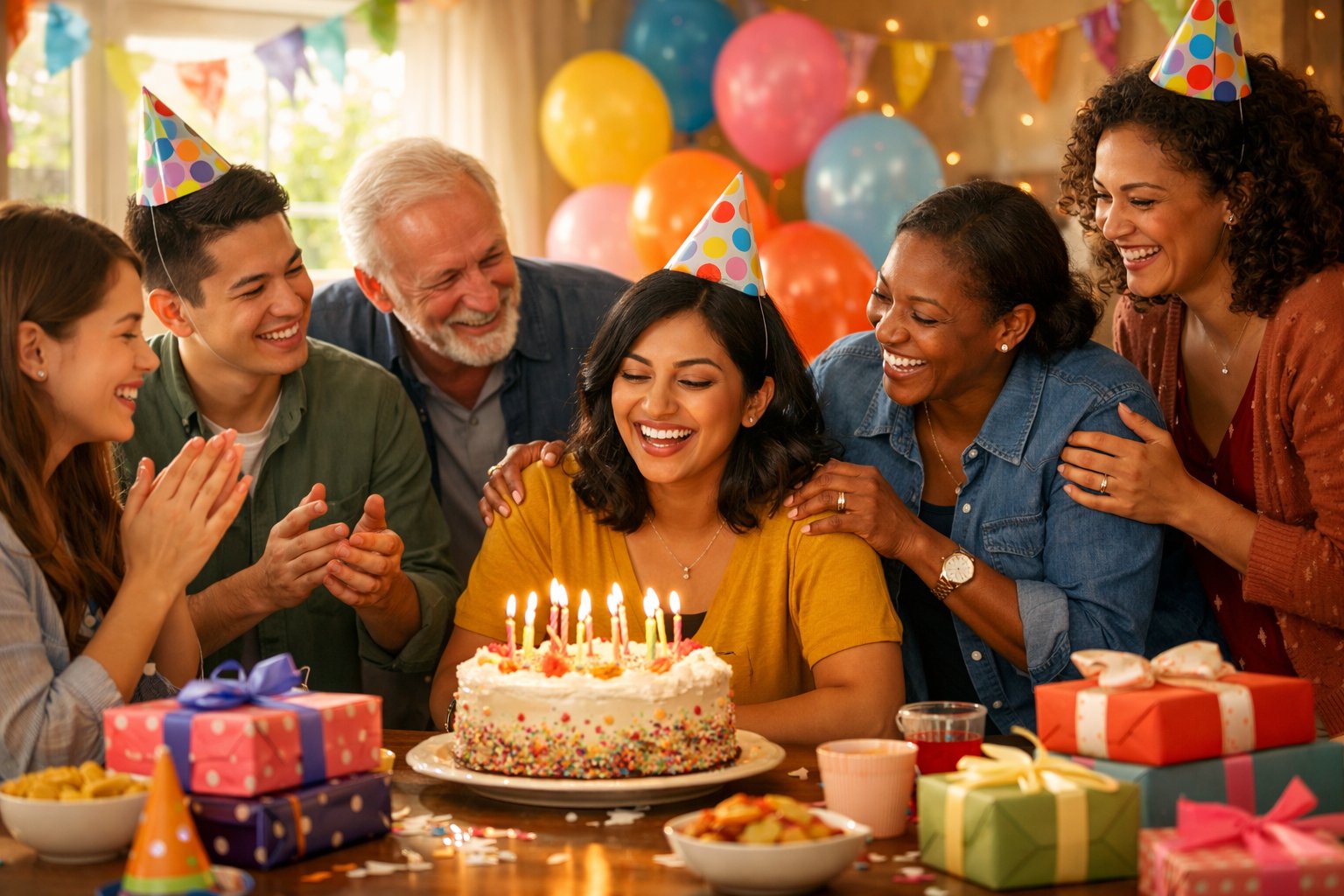 People celebrating a birthday with a decorated cake, balloons, and smiling faces around a table.