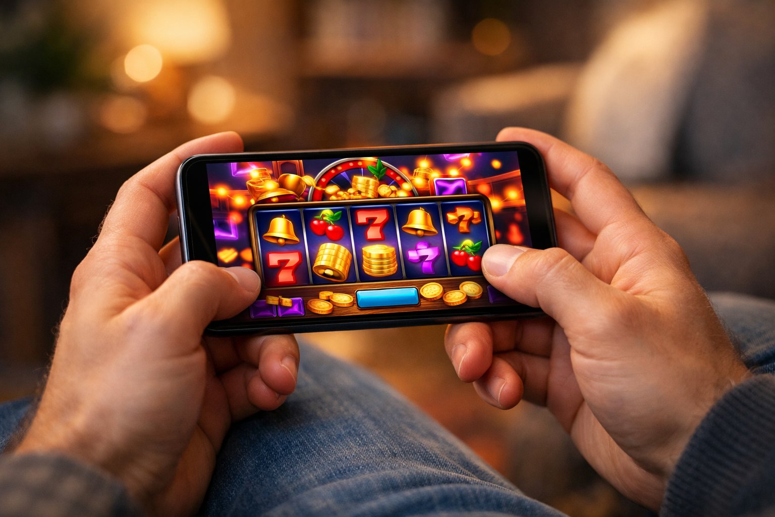 Person Holding A Smartphone Playing A Colorful Casino Game In A Cozy Indoor Setting.