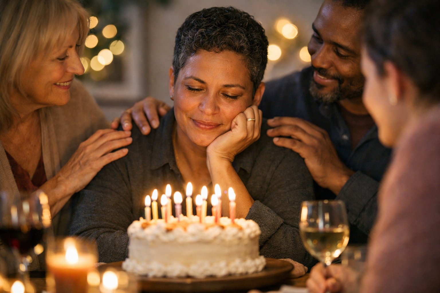 A person surrounded by loved ones at a birthday celebration, looking thoughtful and touched as they share a moment together around a lit birthday cake.