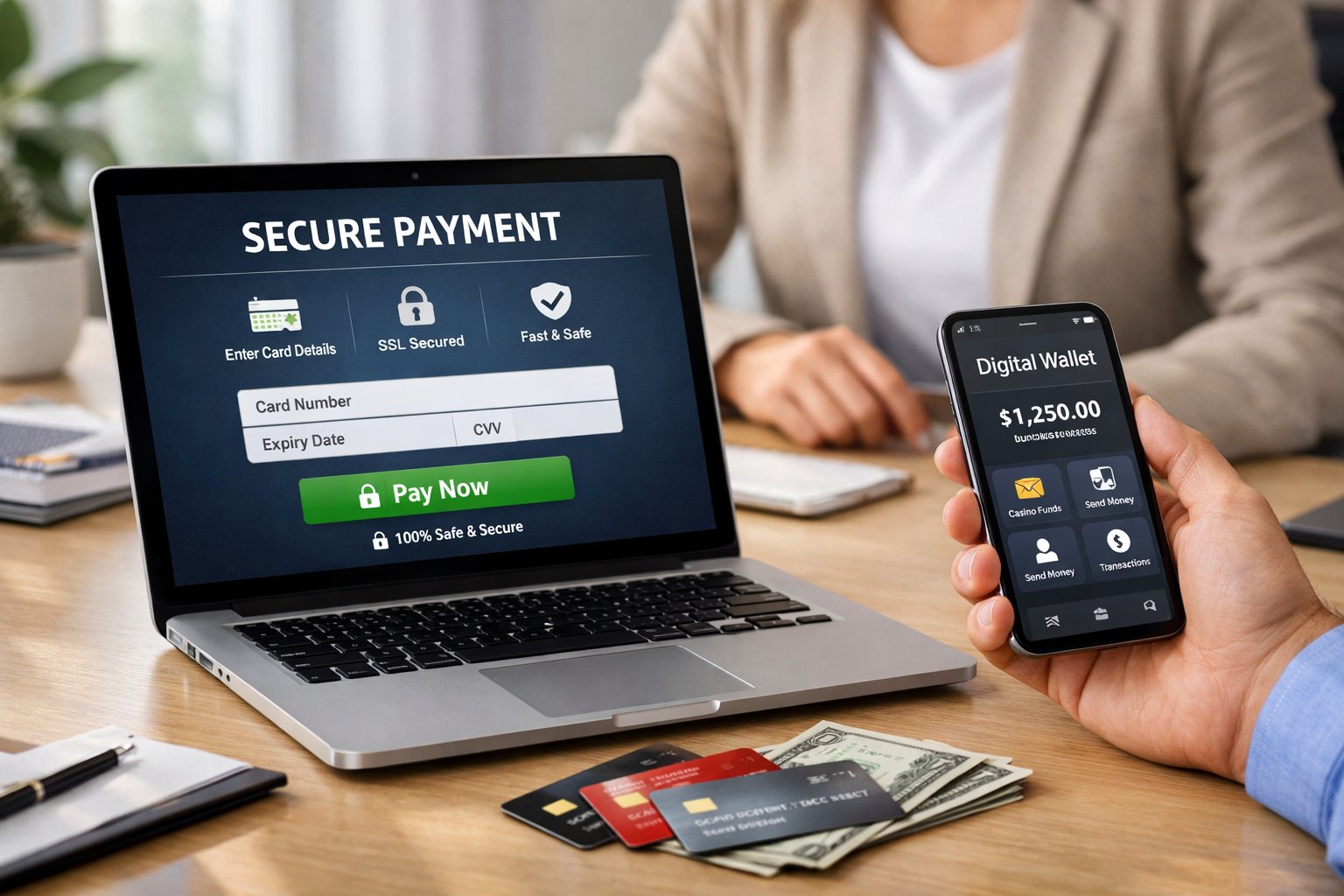 A Person Using A Laptop And Smartphone With Credit Cards On A Desk, Illustrating Online Payment Methods.