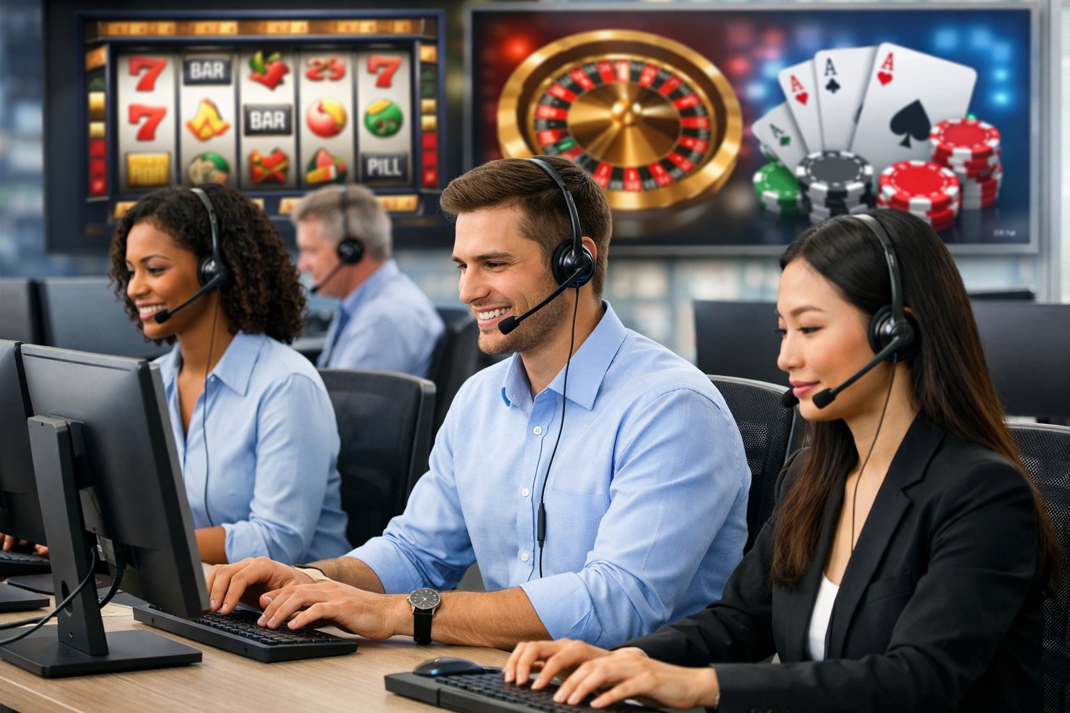 Customer Support Agents Wearing Headsets Working At Computers In A Modern Office With CasinoThemed Screens In The Background.