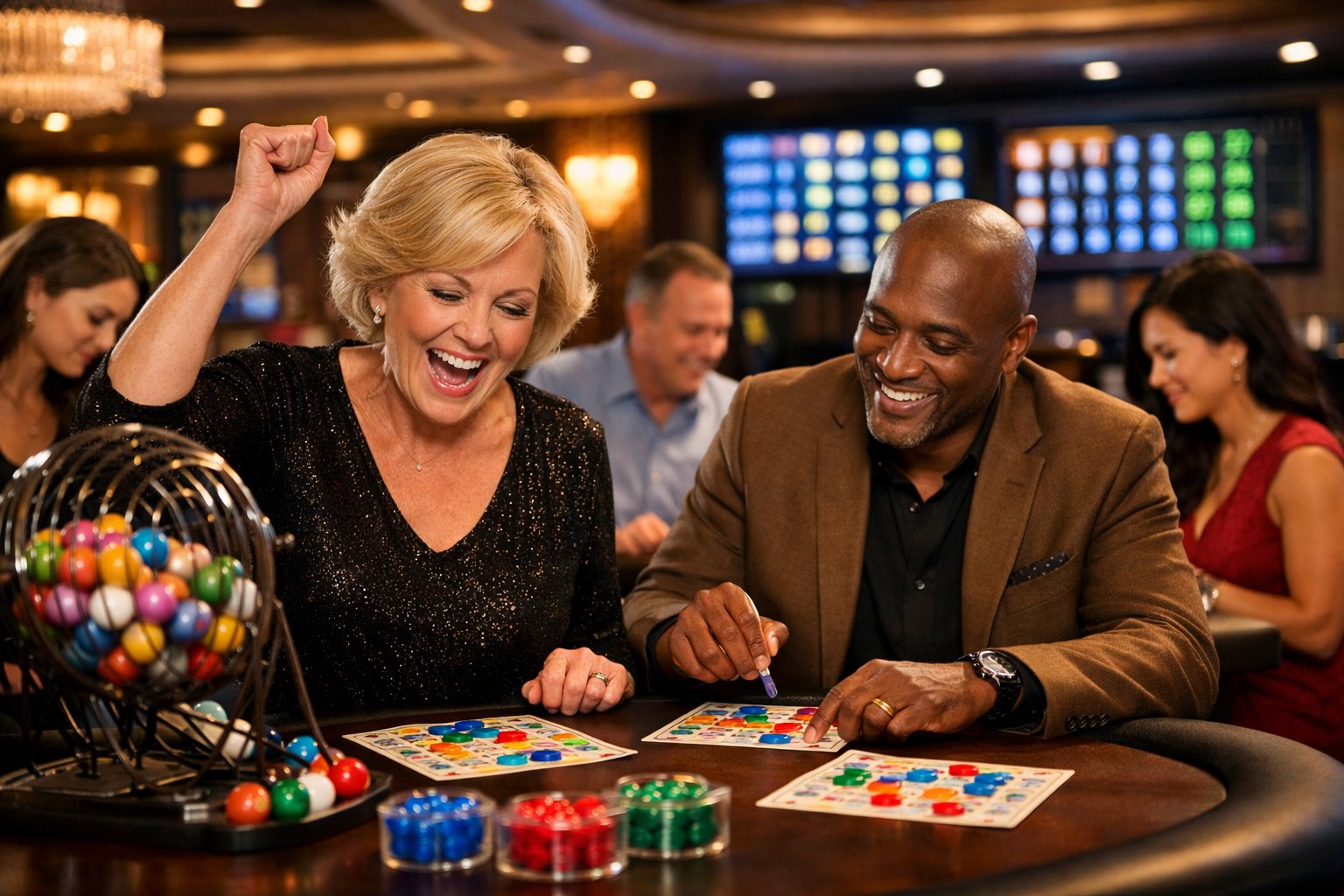 People Playing Bingo In A Modern Casino With Bingo Cards And Colorful Balls, Showing Excitement And Focus.