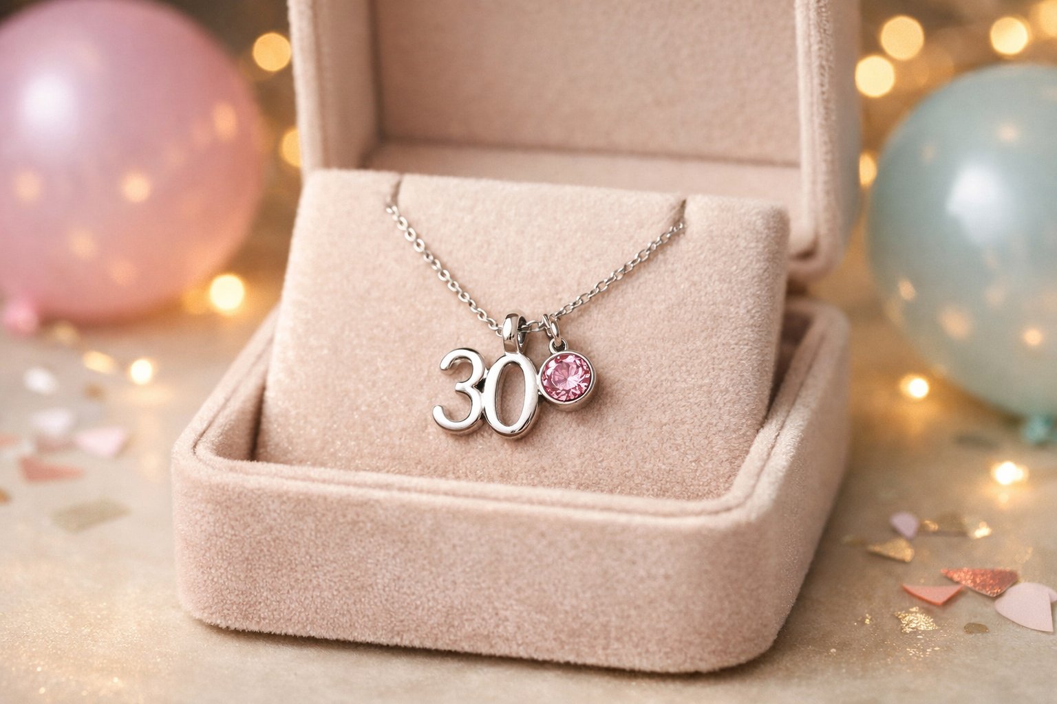 Close-up of a necklace with a pendant resting on a velvet jewelry box surrounded by birthday decorations.
