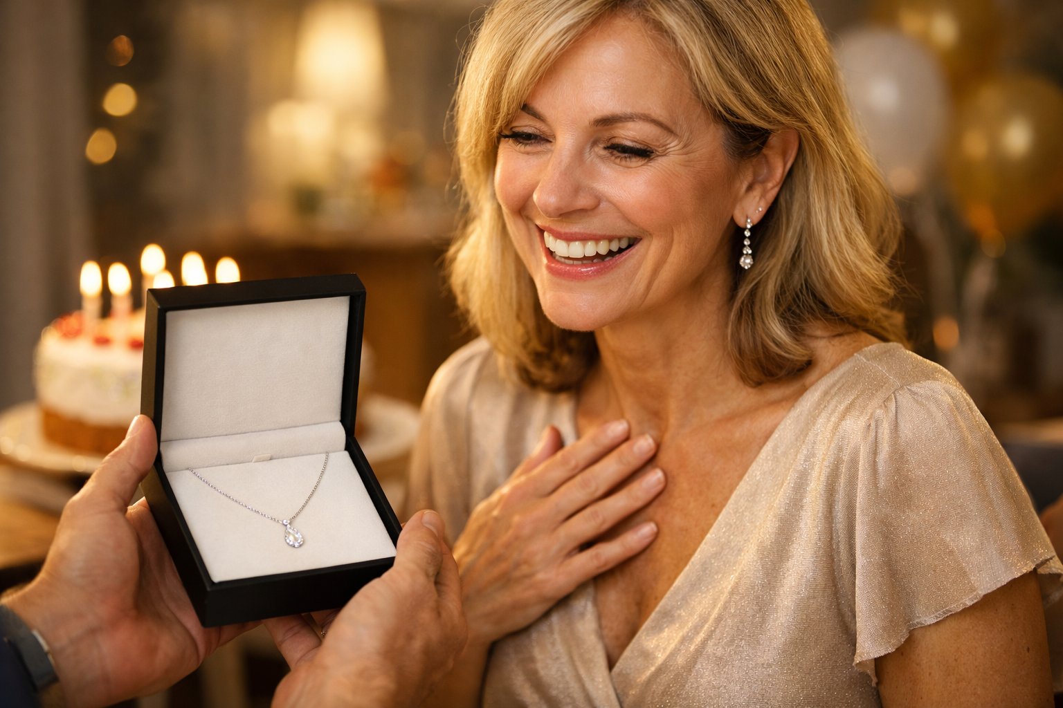 A middle-aged woman happily receiving a necklace as a gift during a birthday celebration.