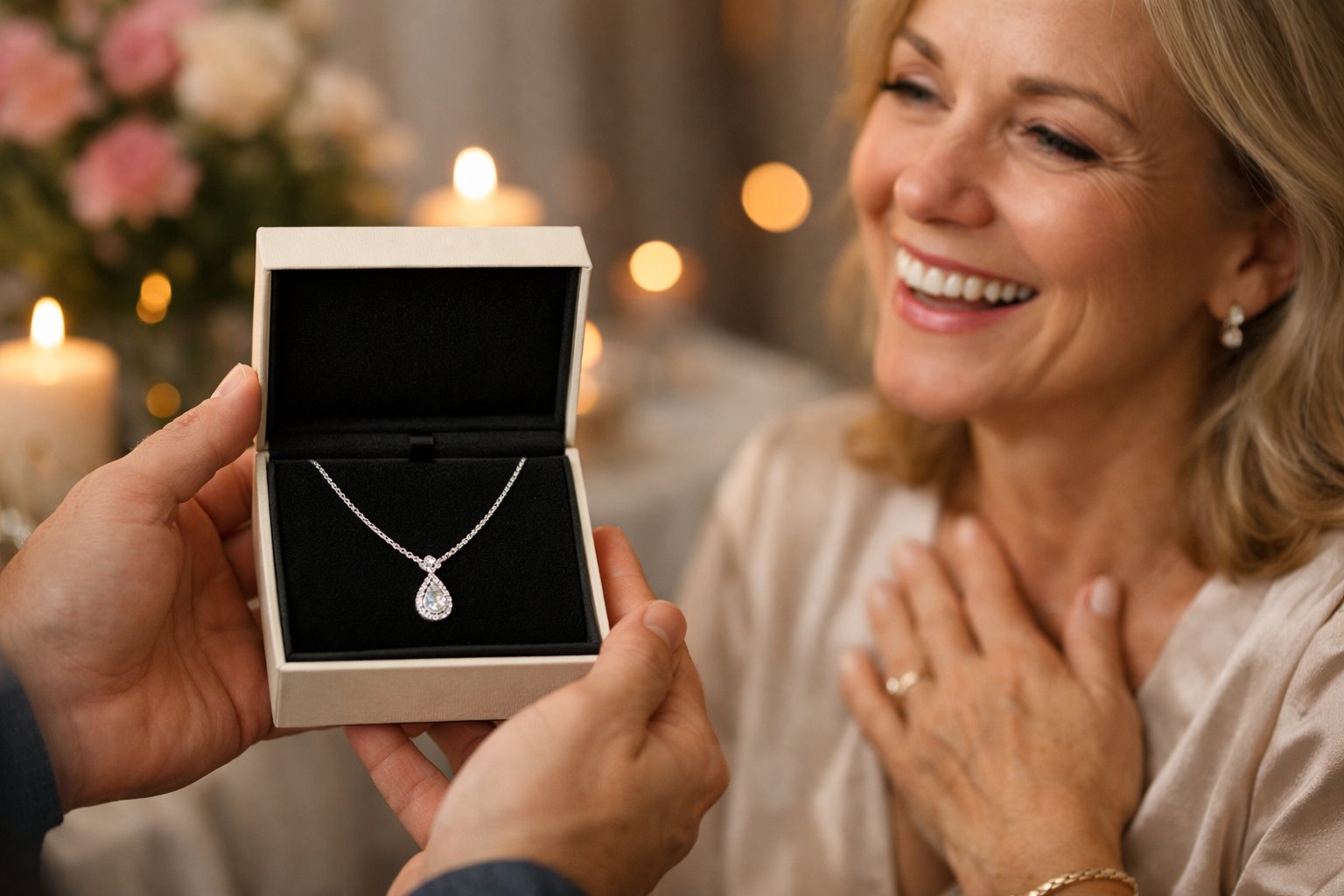 A person giving a delicate necklace in a jewelry box to a smiling recipient during a birthday celebration.