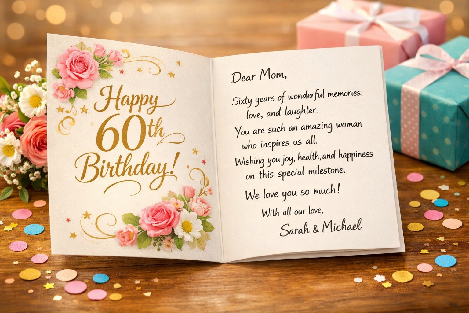Close-up of an open milestone birthday message card on a wooden table with flowers, confetti, and wrapped gifts nearby.