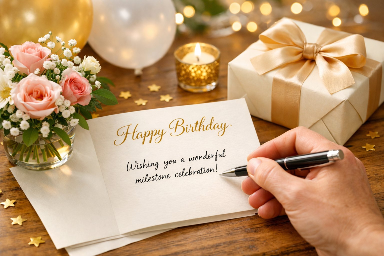 A hand writing a message on a birthday card surrounded by balloons, flowers, and a wrapped gift.