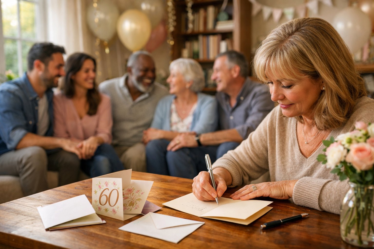 A group of adults celebrating milestone birthdays in a cozy living room, with one person writing a message on a birthday card at a table.