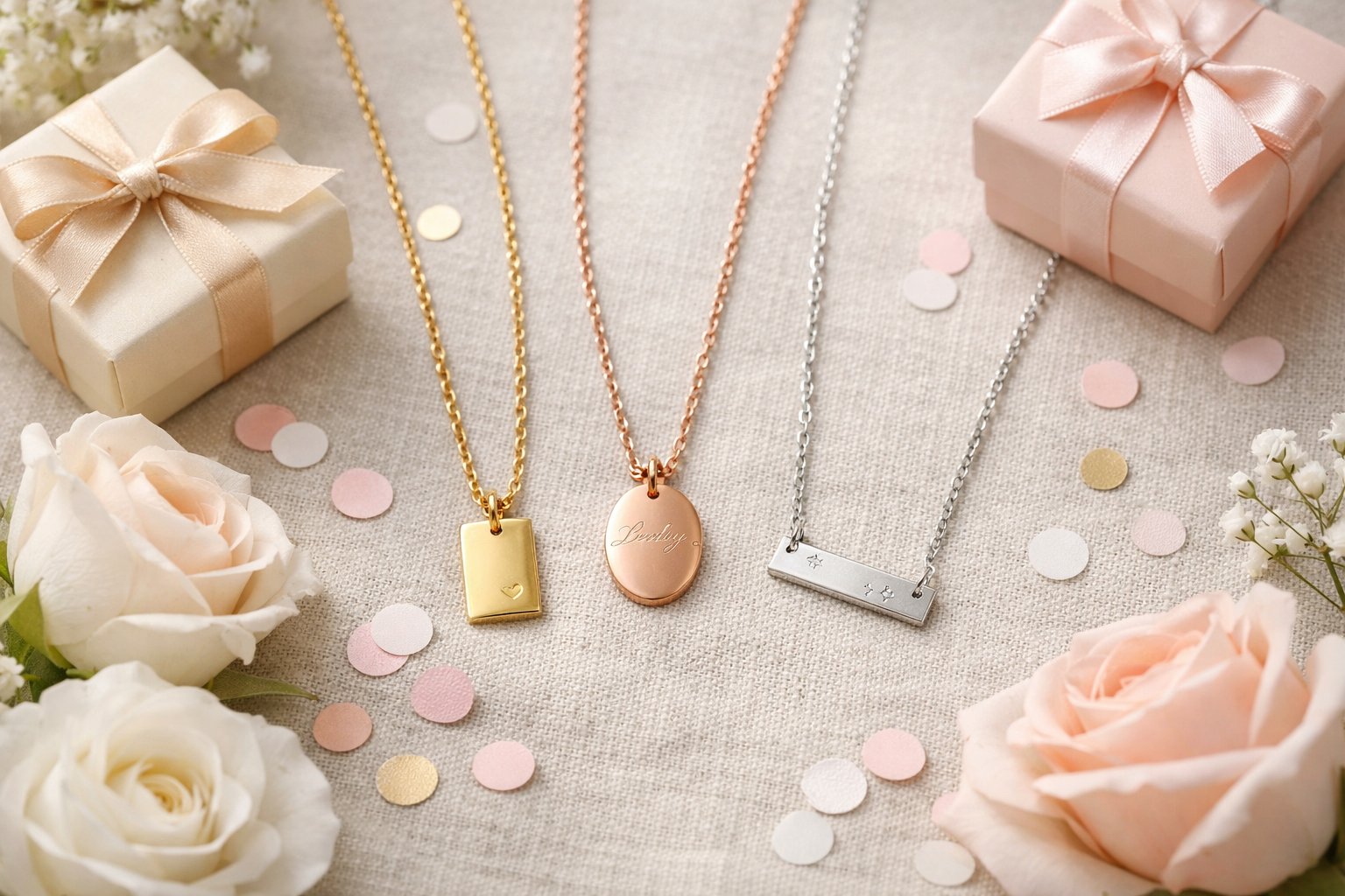 Close-up of elegant message card necklaces displayed on soft fabric with birthday decorations and flowers around them.
