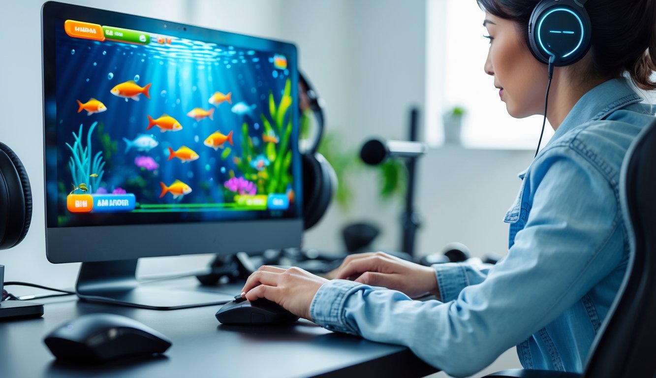 Seseorang sedang bermain game tembak ikan di komputer di ruang kerja modern dengan suasana fokus dan nyaman.