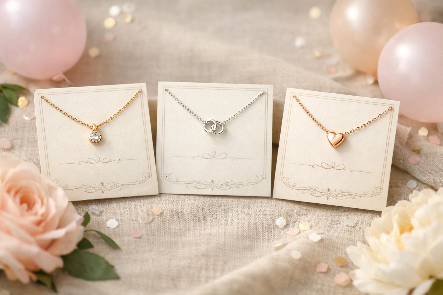 Close-up of delicate message card necklaces arranged with birthday decorations like balloons, confetti, and flowers on a soft fabric background.