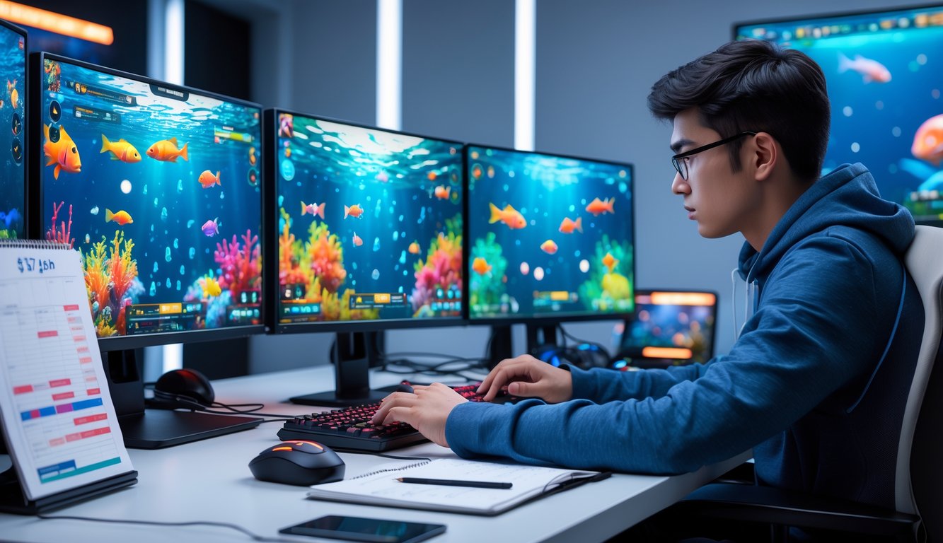 Seorang pria muda duduk di depan komputer dengan layar menampilkan permainan tembak ikan, fokus dan menggunakan mouse serta keyboard di ruangan yang terang dan rapi.