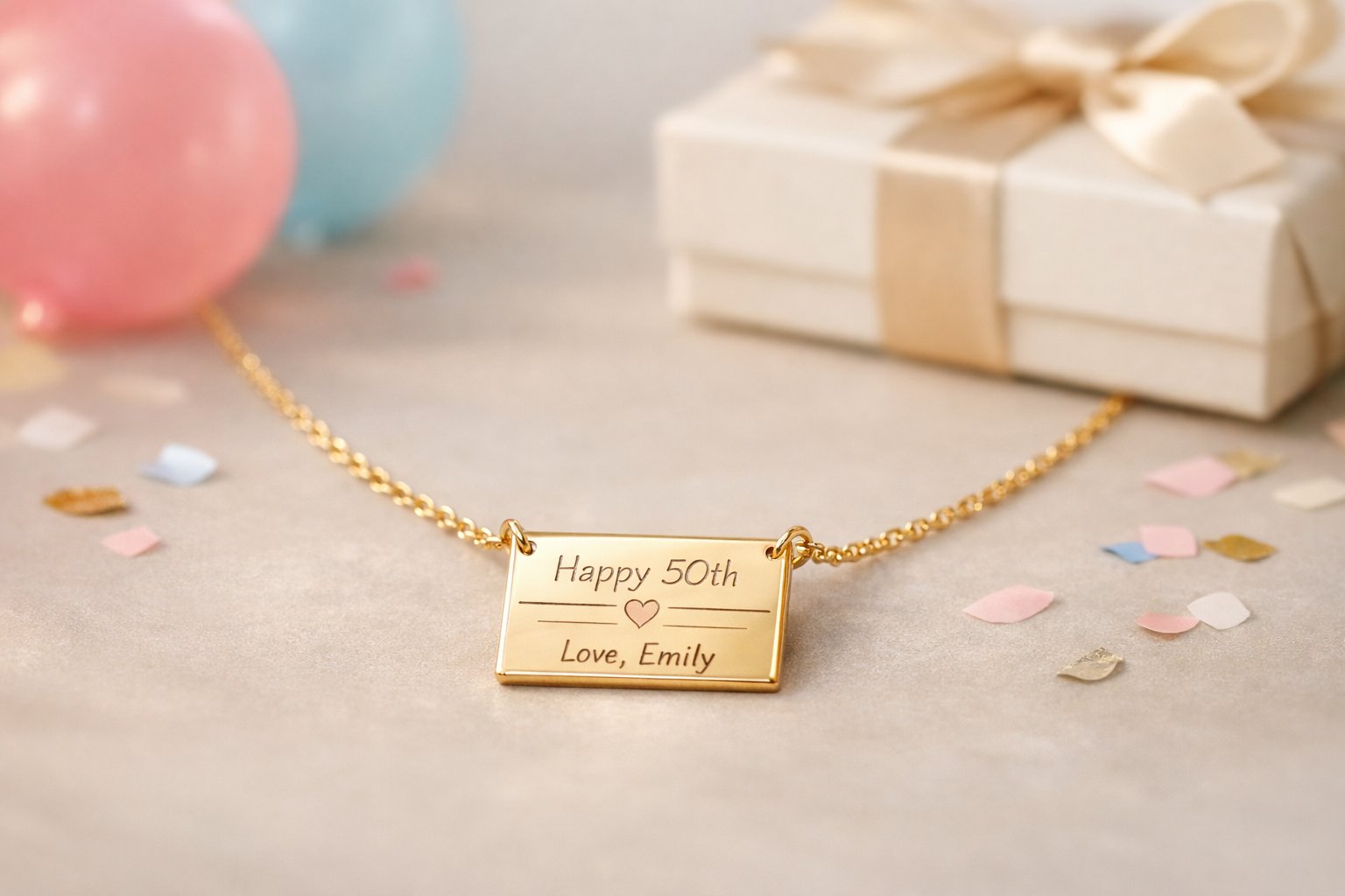 Close-up of a delicate message card necklace on a neutral surface with birthday decorations in the background.