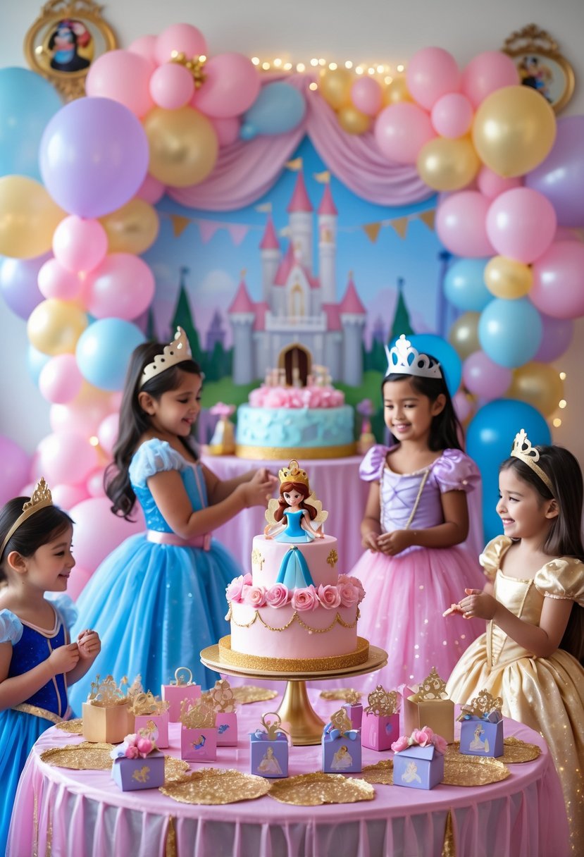 A colorful Disney Princess themed birthday party setup with balloons, a decorated cake, party favors, and children dressed as princesses enjoying the celebration.