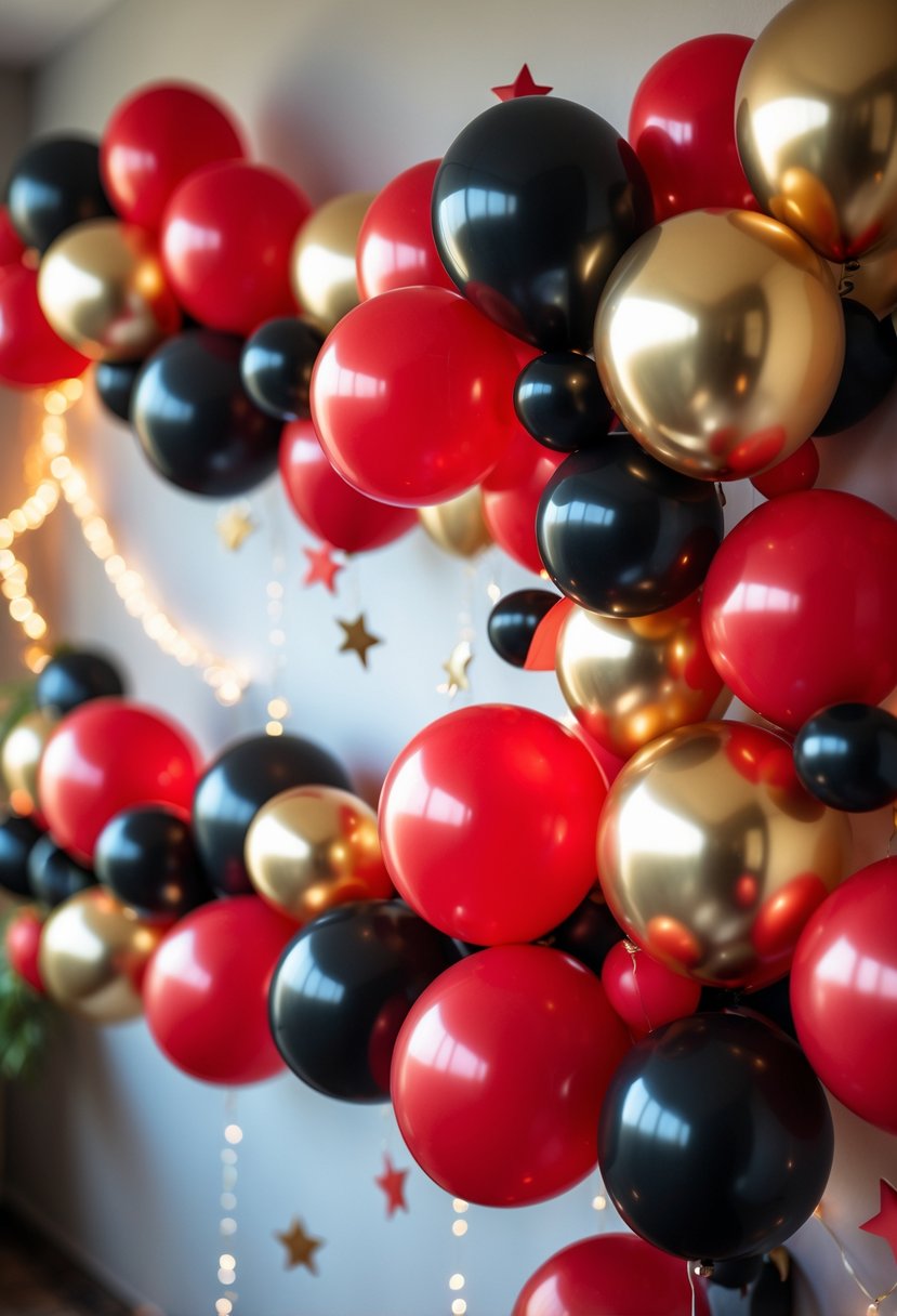 A red, gold, and black metallic balloon garland arranged on a wall with soft lighting and subtle birthday decorations around it.