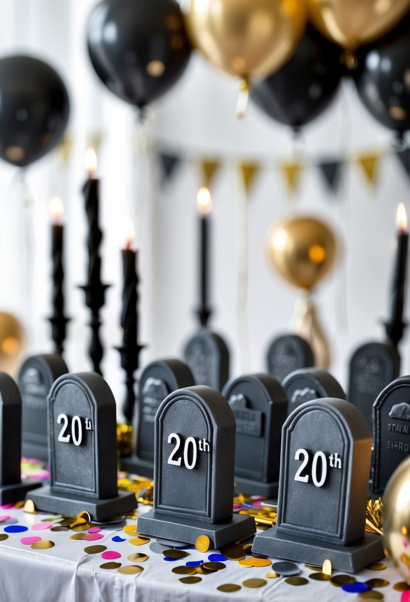 A table with small black tombstone-shaped decorations surrounded by birthday party items like balloons, confetti, and candles.
