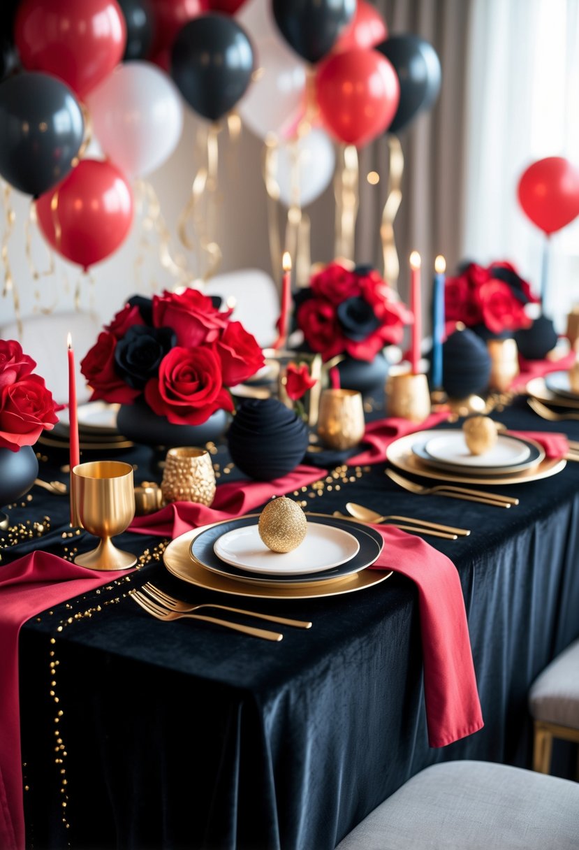 A birthday party table decorated with a black velvet tablecloth, gold accents, and red, black, and gold party decorations.