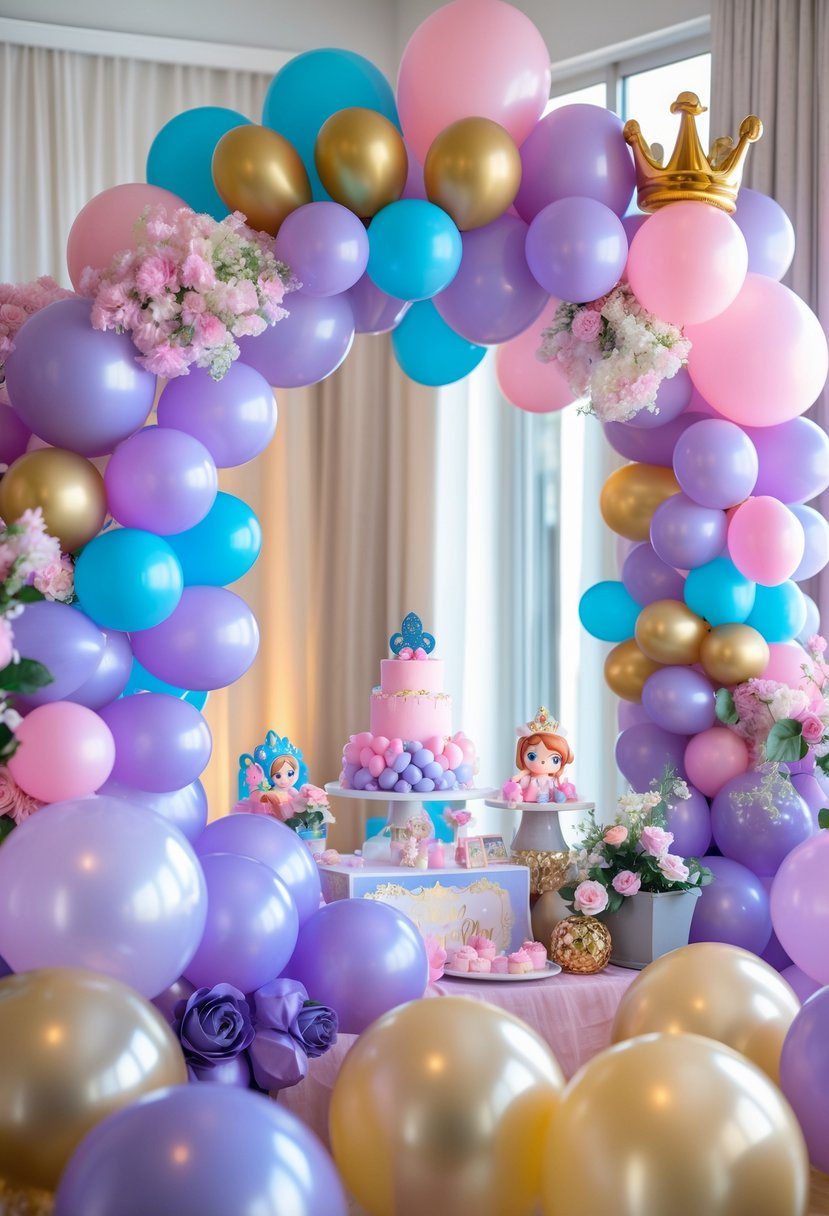Colorful Disney Princess birthday party balloon garland with pastel balloons and themed decorations.