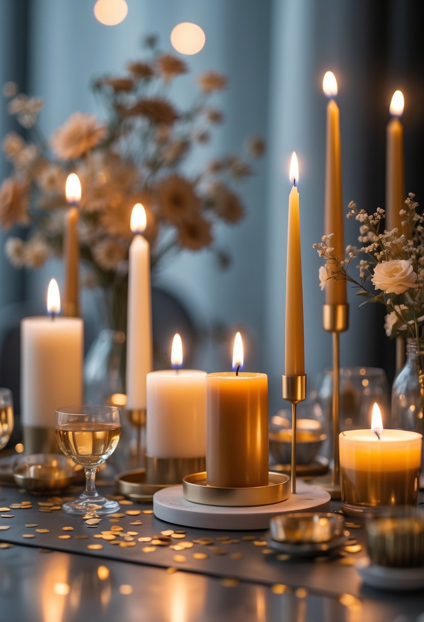 A table with lit candles and birthday party decorations arranged for a 20s themed celebration.