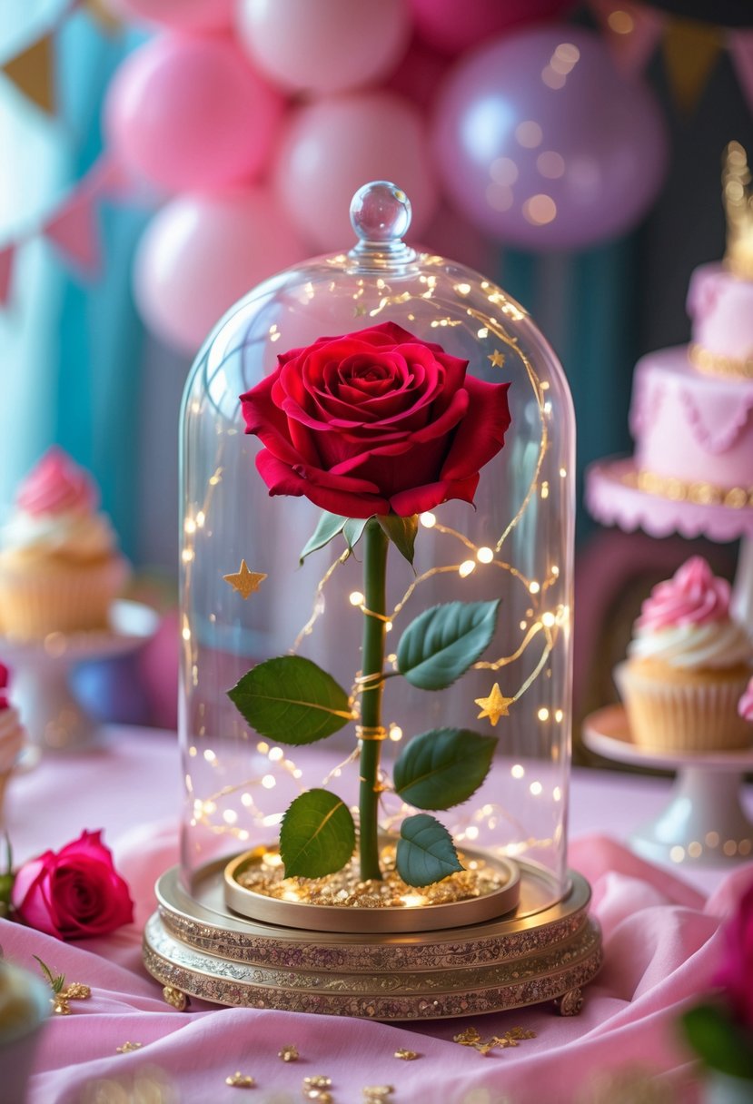 A red rose in a glass dome on a decorated table with fairy lights and rose petals, surrounded by birthday party decorations.
