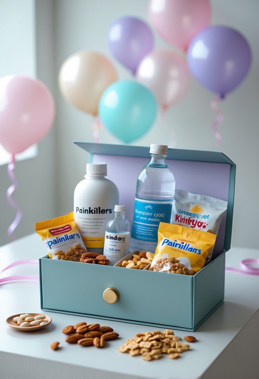 A hangover kit with painkillers, water, and snacks arranged neatly on a surface with blurred party decorations in the background.