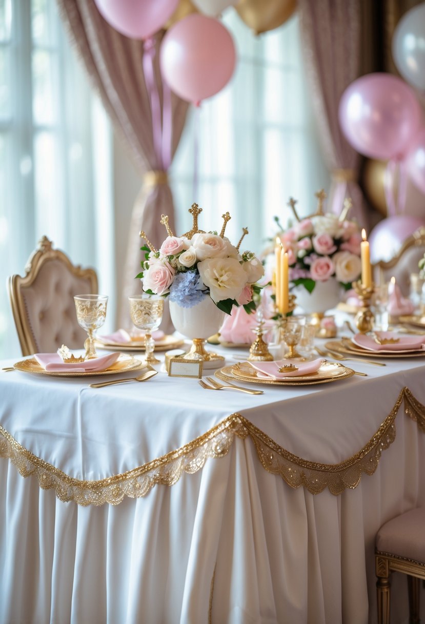 A birthday party table decorated with a white tablecloth trimmed in gold, pastel floral centerpieces, and gold candle holders.