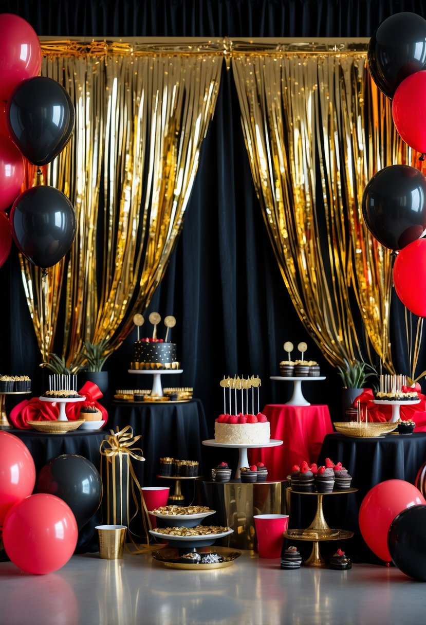 Birthday party decorations with gold foil fringe curtains, red and black balloons, and festive tableware.