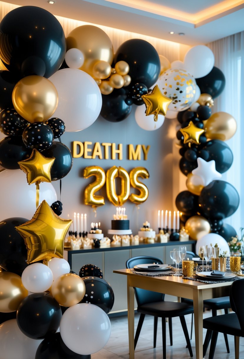 A decorated indoor birthday party scene with black, gold, and white balloon garlands and a table set with party decorations.