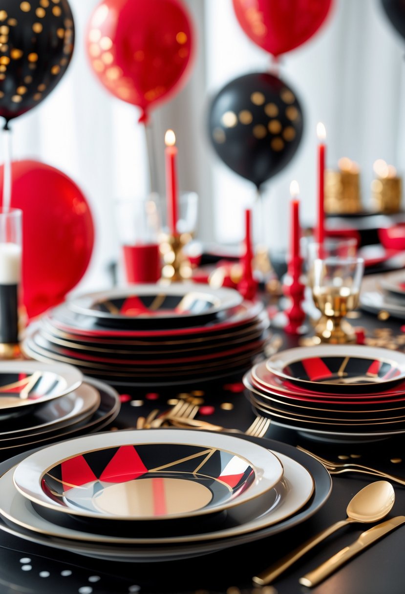 A table set with black and red geometric patterned plates accented with gold, surrounded by birthday party decorations including balloons and confetti.