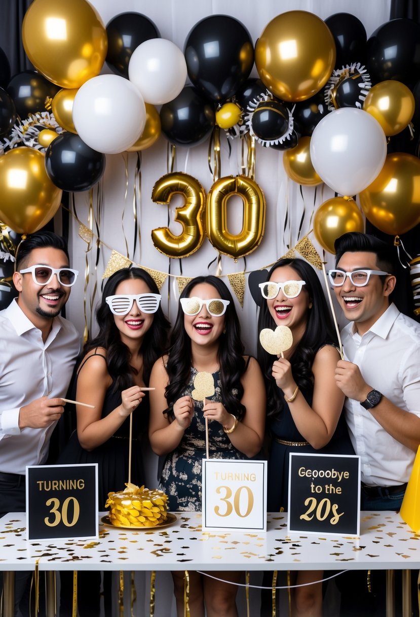 People enjoying a 30th birthday photo booth with themed props and festive decorations.