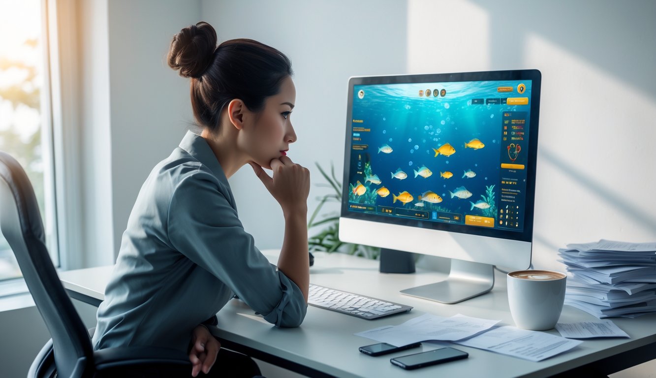 Seseorang duduk di meja kerja dengan komputer yang menampilkan permainan tembak ikan online, tampak fokus dan berpikir hati-hati.