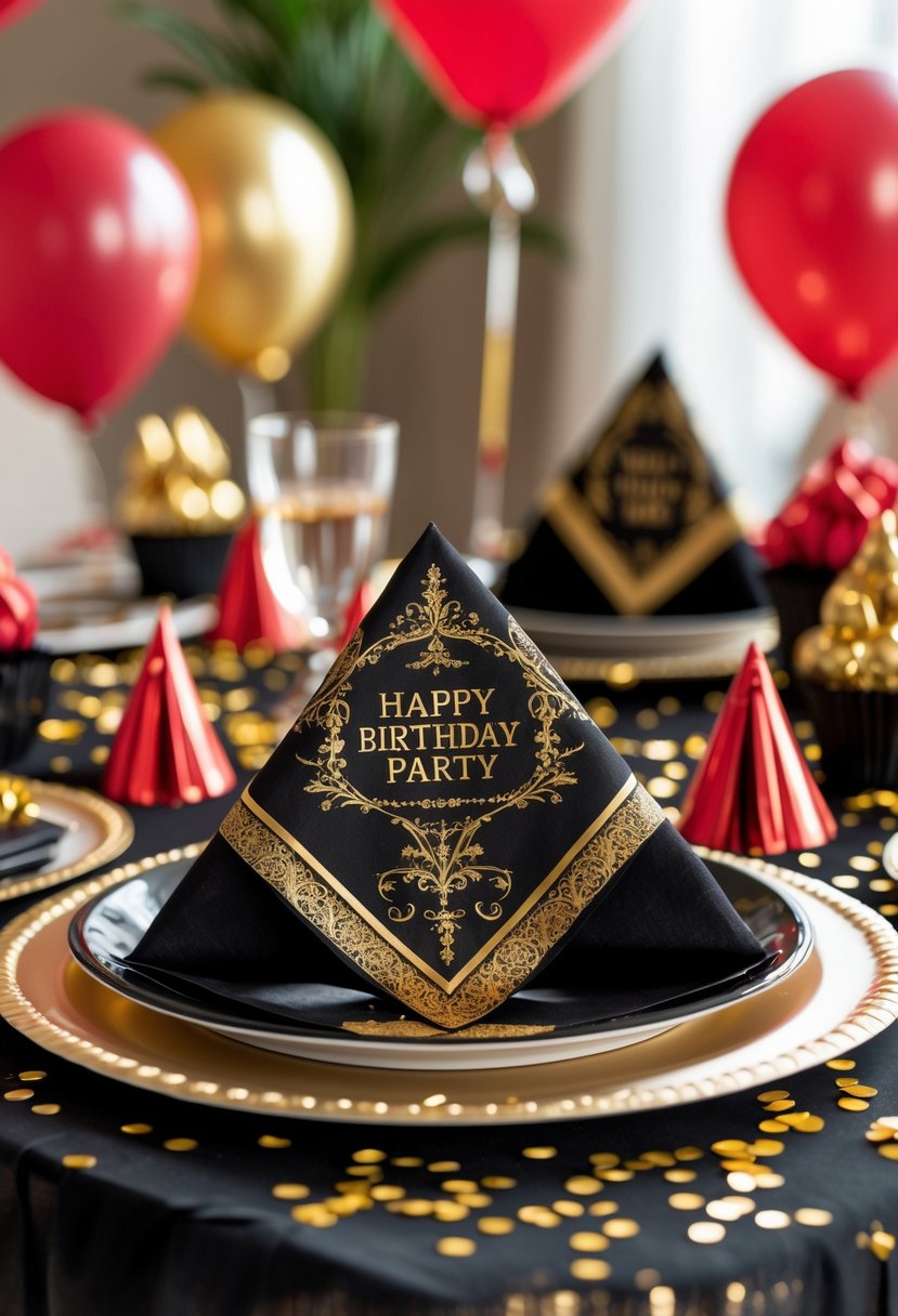 A birthday party table decorated with black napkins stamped in gold, surrounded by red, black, and gold balloons and confetti.