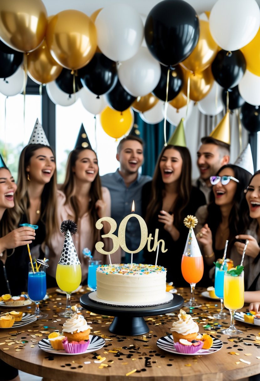 A lively birthday party scene with colorful balloons, a decorated cake, snacks, and young adults celebrating indoors.