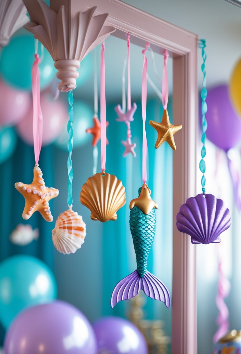 Colorful sea-themed hanging decorations with seashells, starfish, and mermaid tails at a children's birthday party.