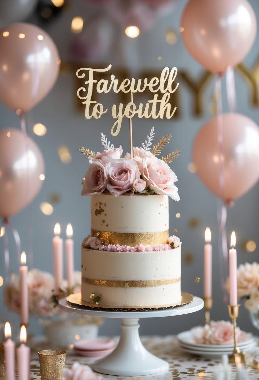 A decorated birthday cake with elegant toppers surrounded by party decorations including balloons and candles.