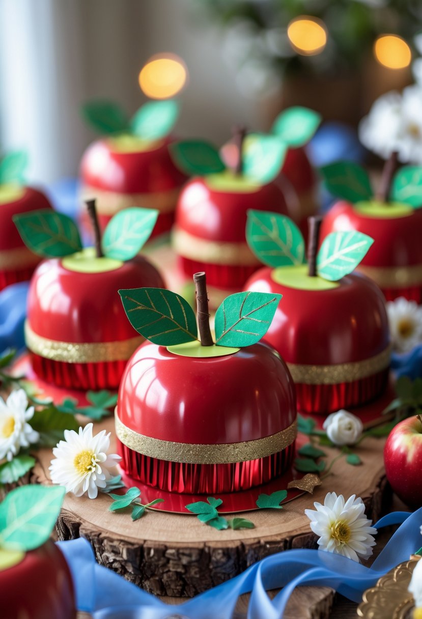 A table with red apple-shaped party hats decorated with green leaves and gold accents, surrounded by small decorative flowers and ribbons.