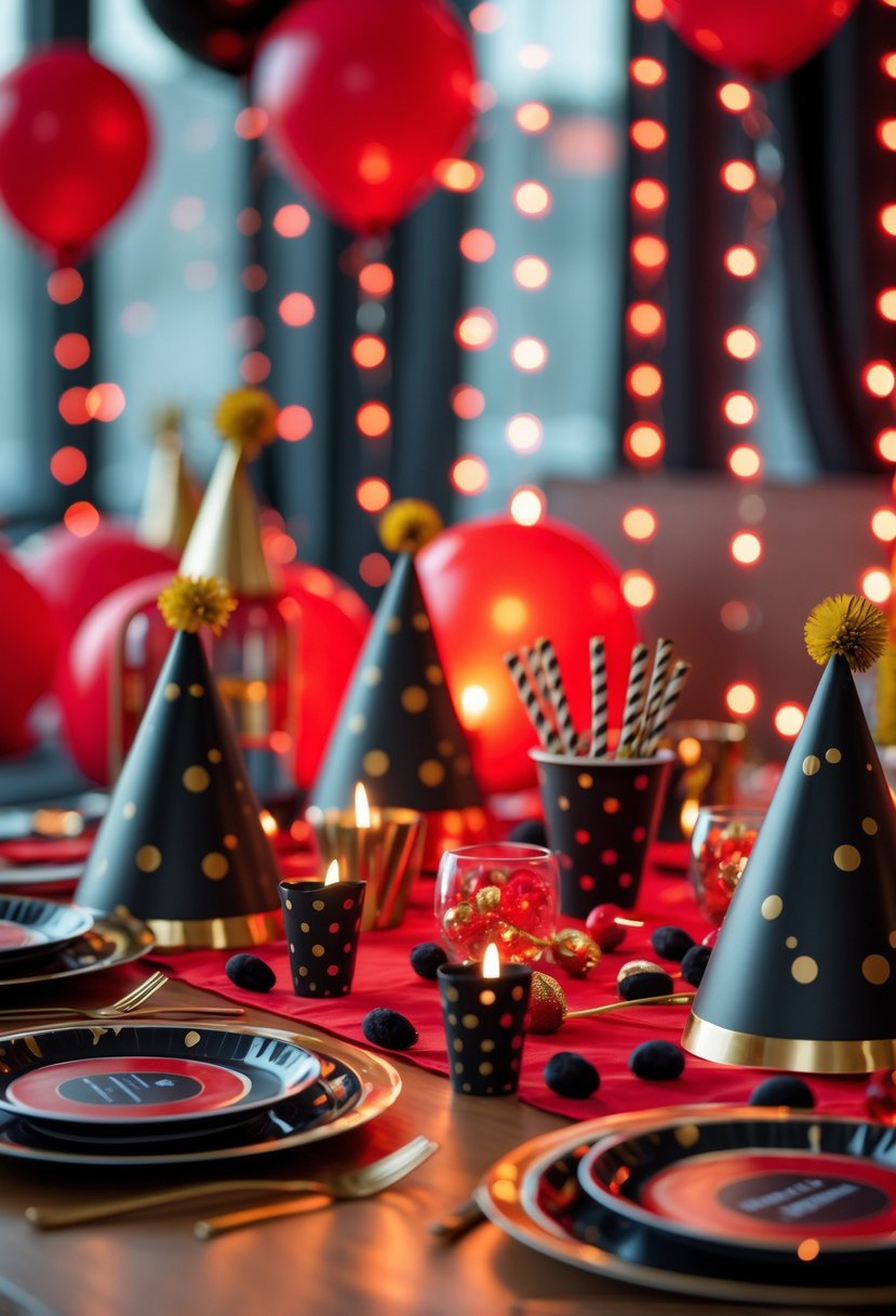 A birthday party scene decorated with red LED string lights, balloons, and tableware in red, black, and gold colors.