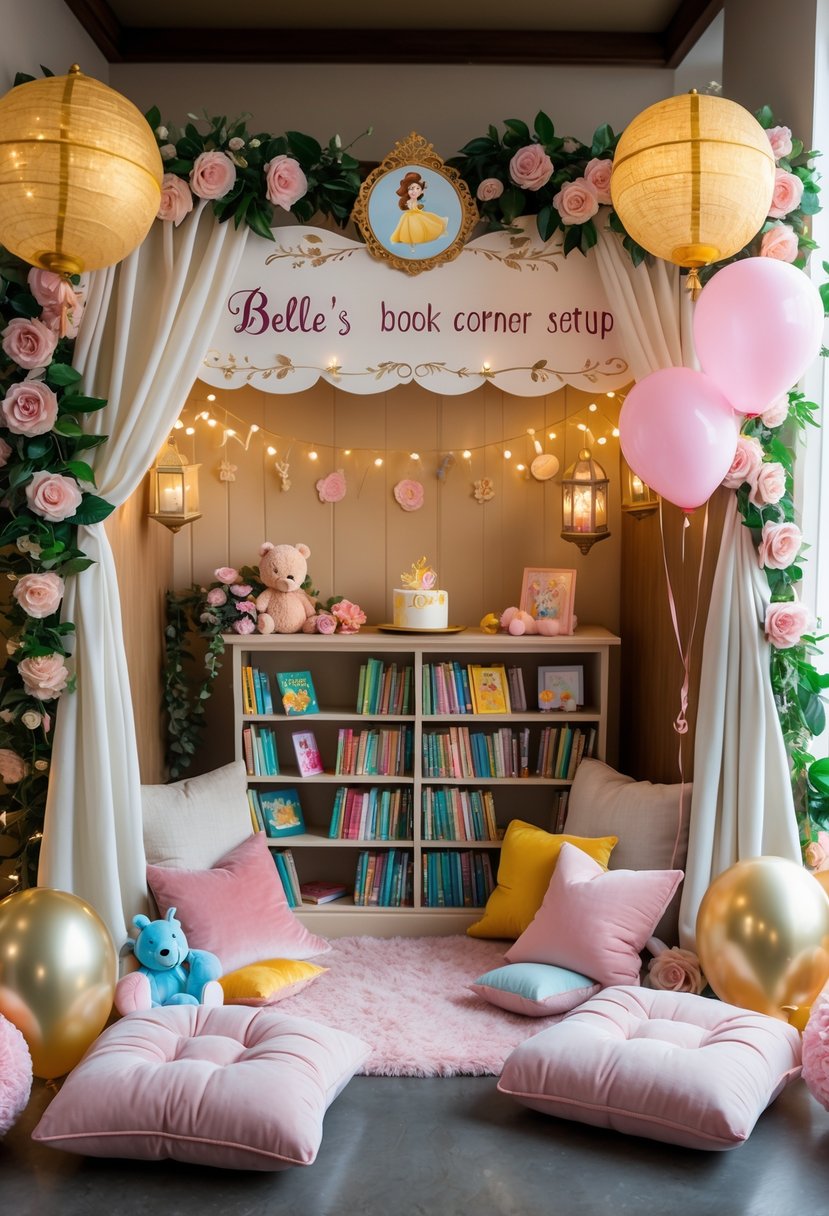 A children's birthday party corner decorated with Disney Princess-themed books, cushions, balloons, and floral garlands.