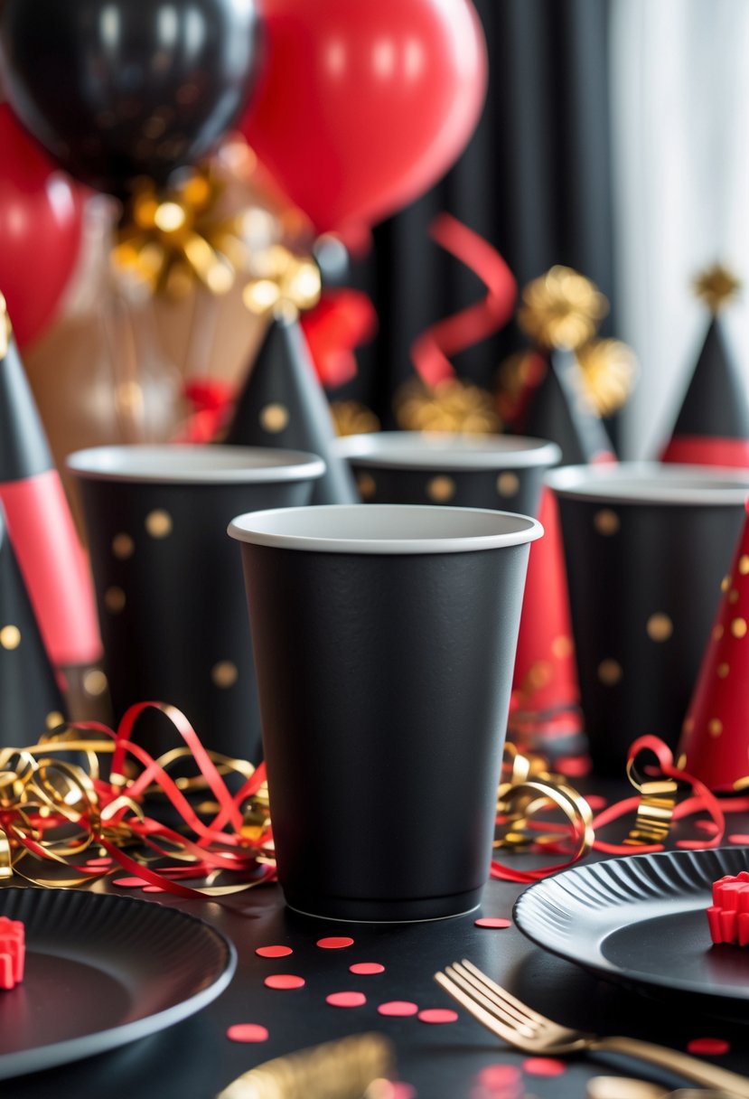 A birthday party table with black matte party cups surrounded by red, black, and gold decorations including balloons and confetti.