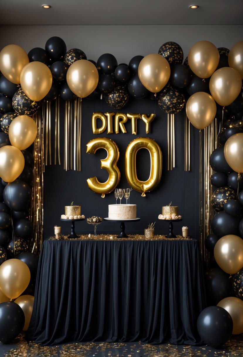 A black and gold 30th birthday party backdrop with balloons, streamers, and confetti on a decorated table.
