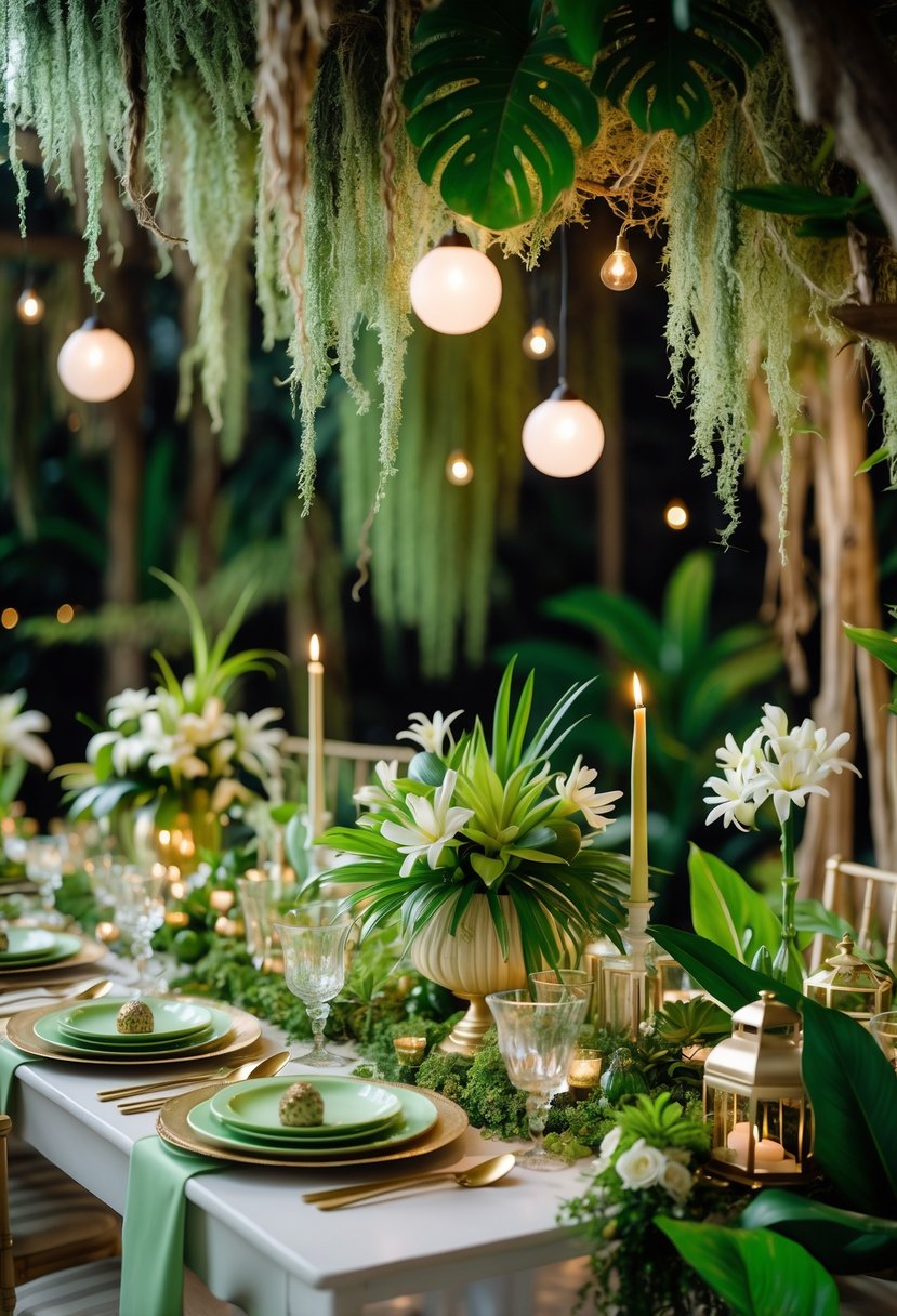 A birthday party table decorated with lush green plants, hanging moss, flowers, and elegant tableware in a nature-inspired setting.