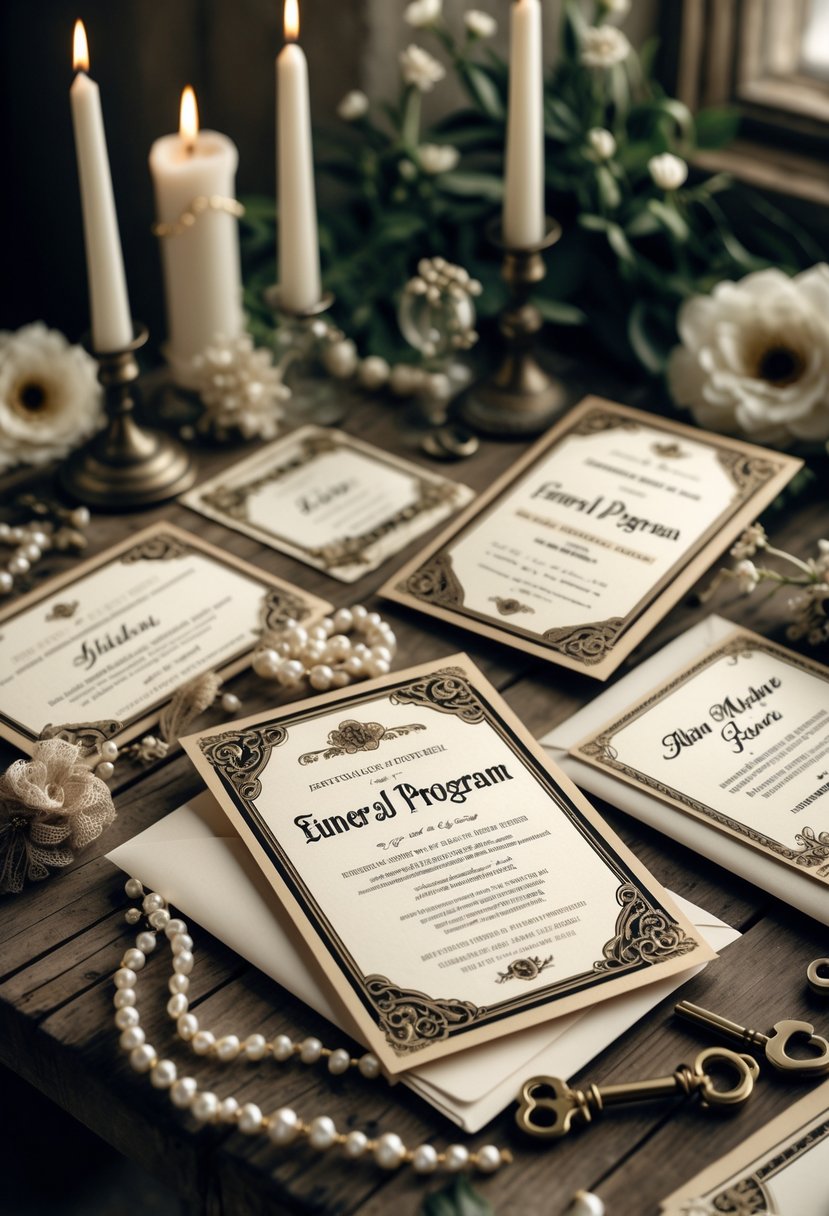 A table displaying vintage-style funeral program invitations with decorative elements like candles and pearls arranged around them.
