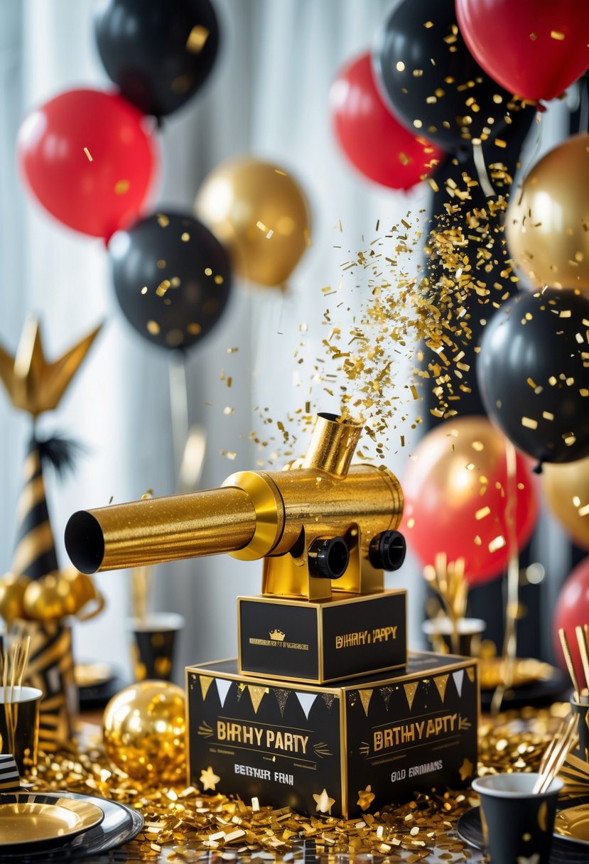 Gold confetti cannons releasing confetti surrounded by red, black, and gold birthday party decorations on a table.