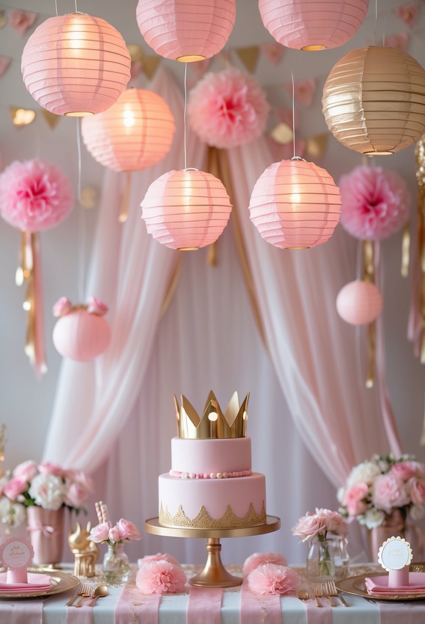 A birthday party setup with pink and gold paper lanterns hanging above a decorated table.