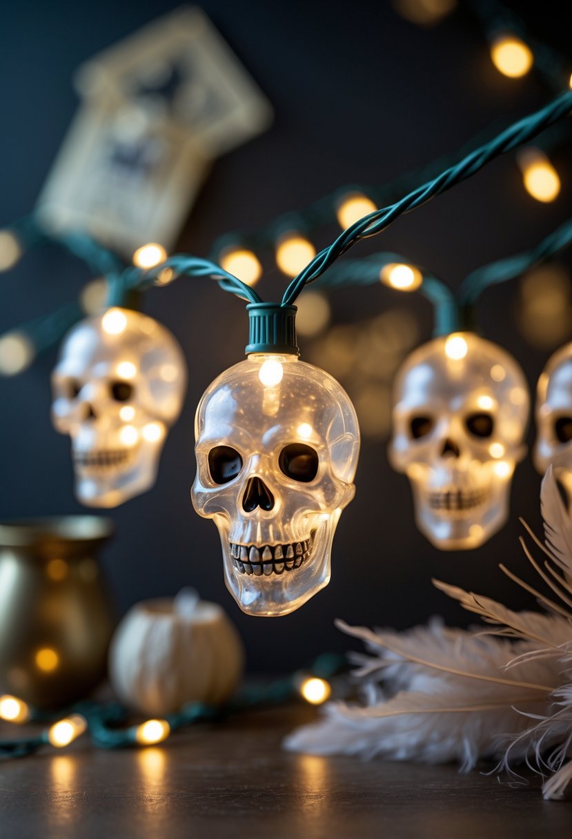 Close-up of glowing skull-shaped string lights hanging with vintage party decorations in the background.