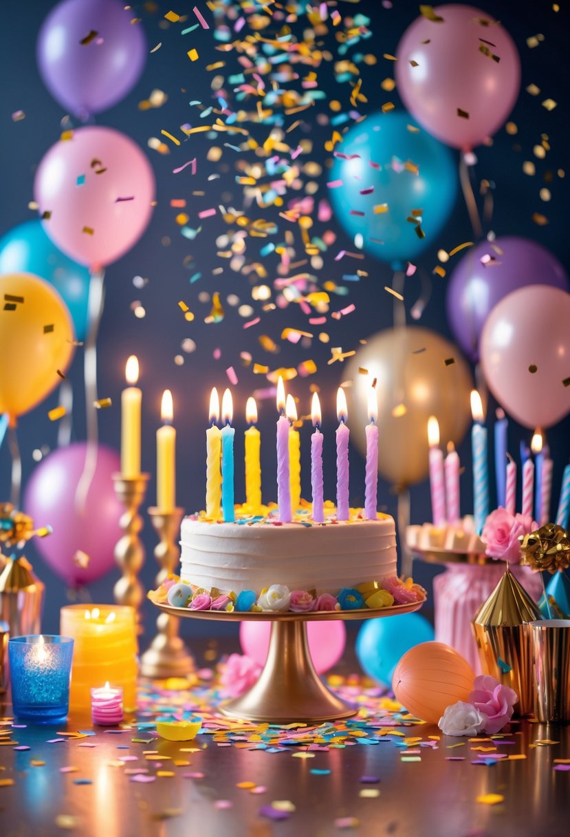 A birthday party table decorated with balloons, candles, and colorful confetti falling around.