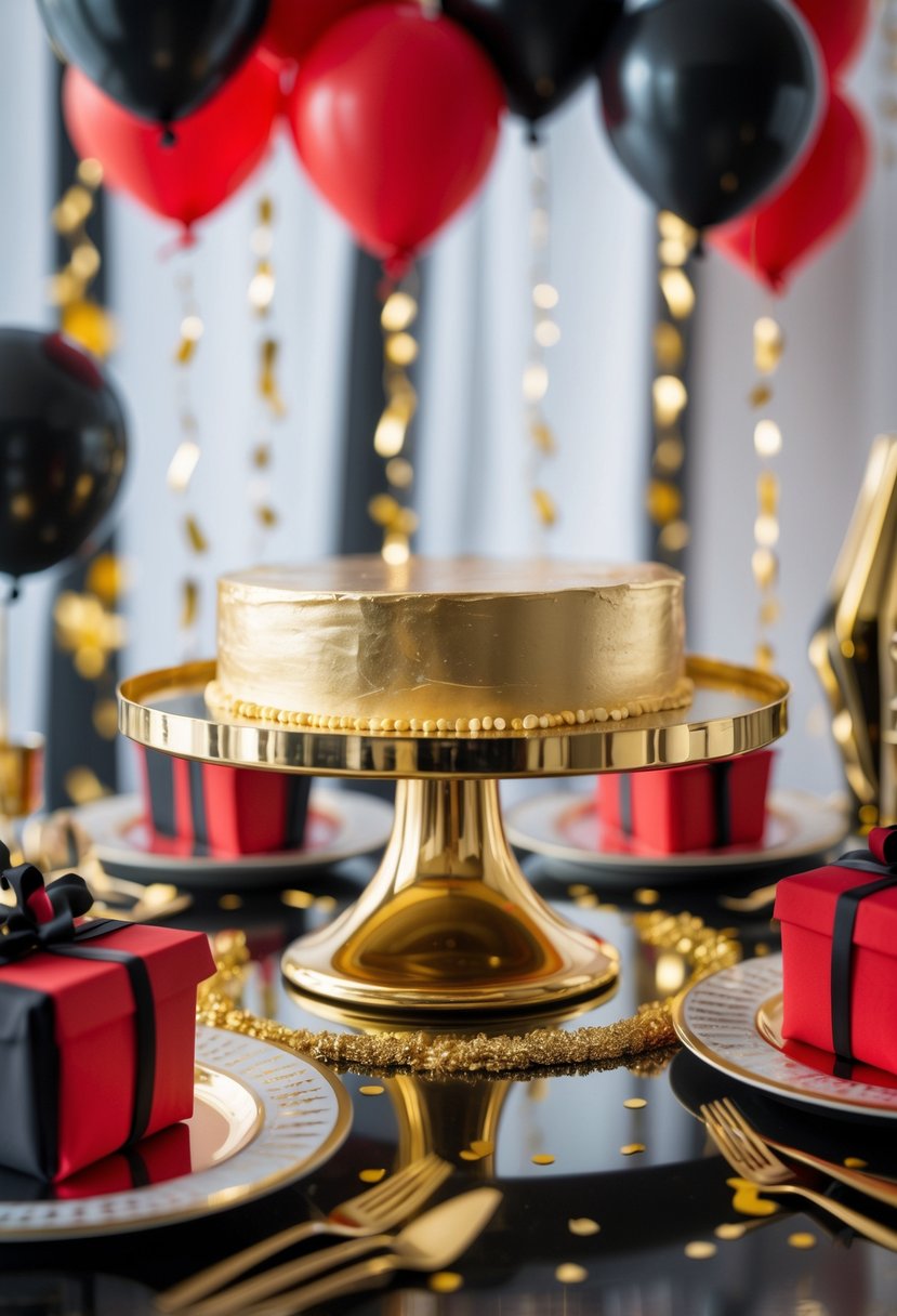 A gold mirror cake stand surrounded by red, black, and gold birthday party decorations including balloons and confetti on a decorated table.